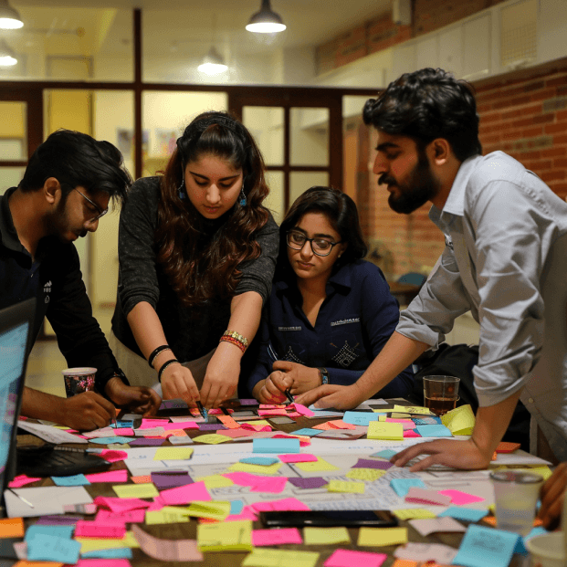 People discussing sticky notes on a table