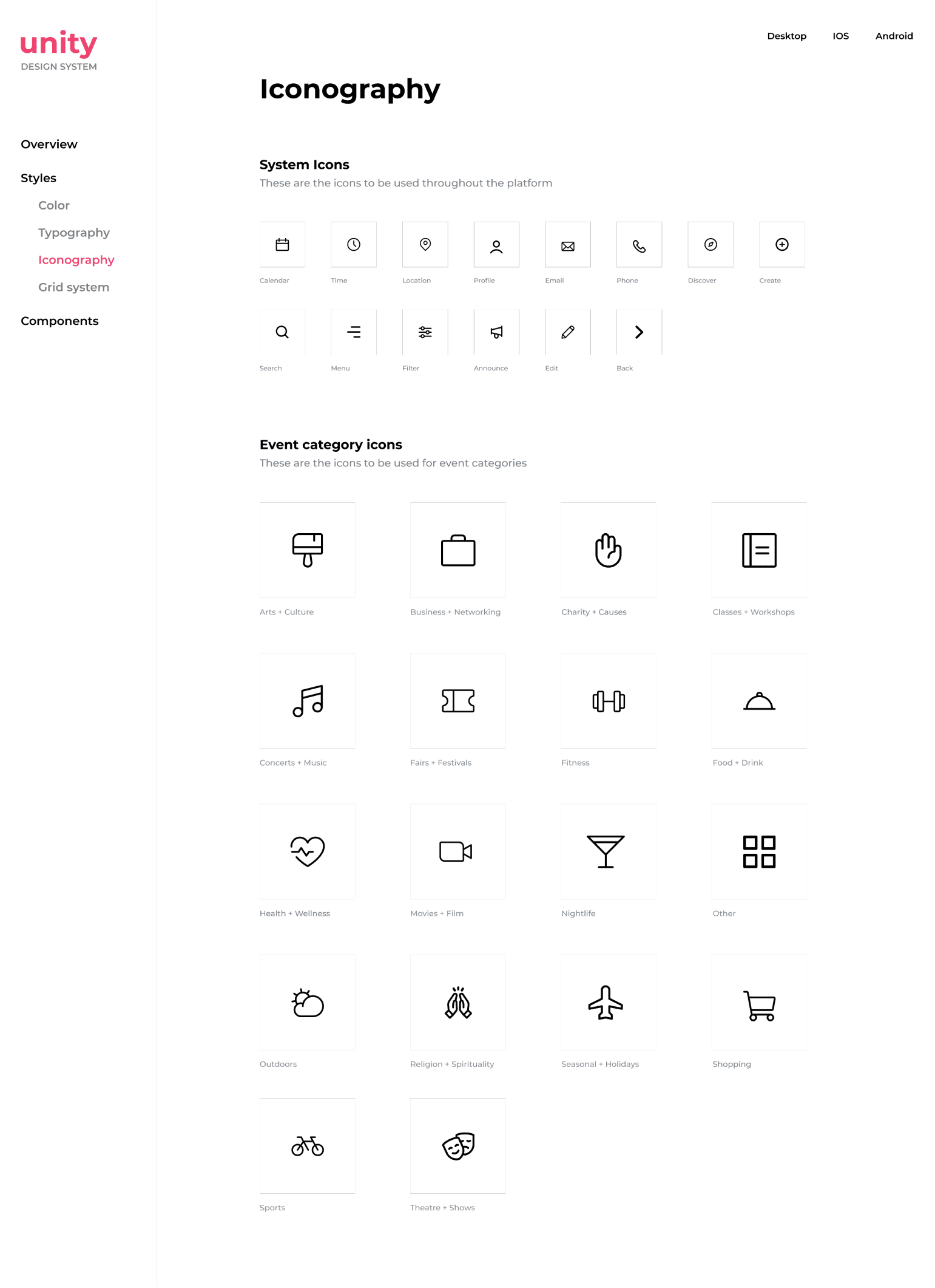 Iconography section - Unity design system