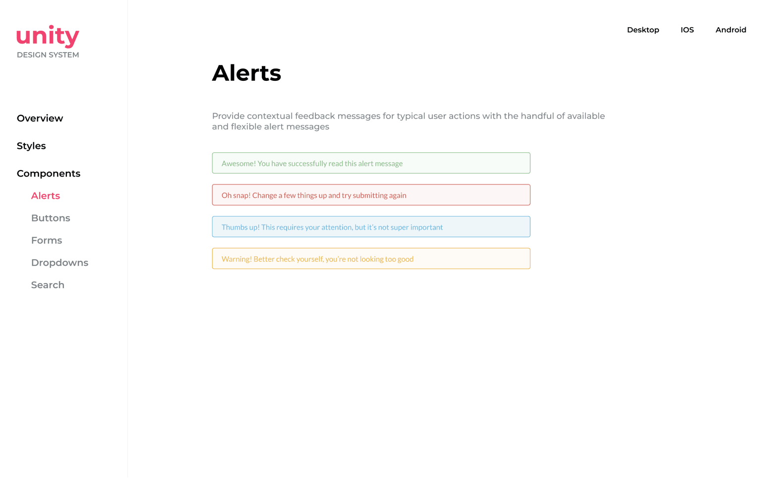 Alerts section - Unity design system