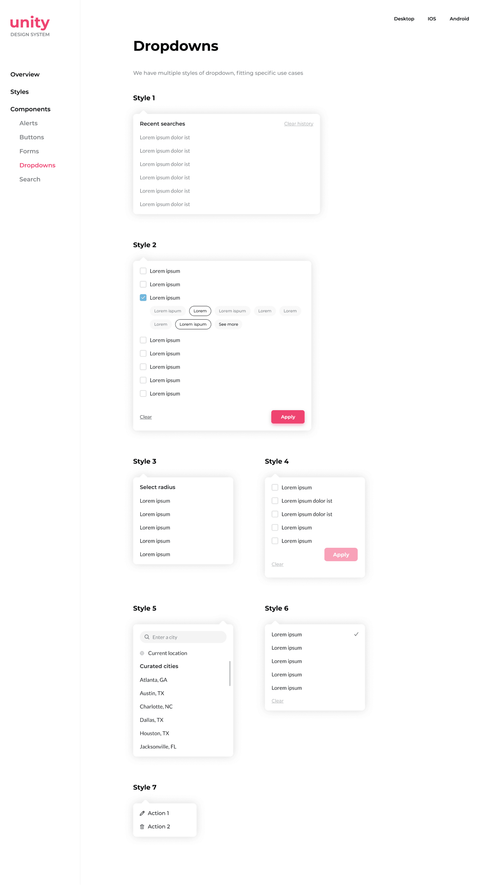 Dropdowns section - Unity design system