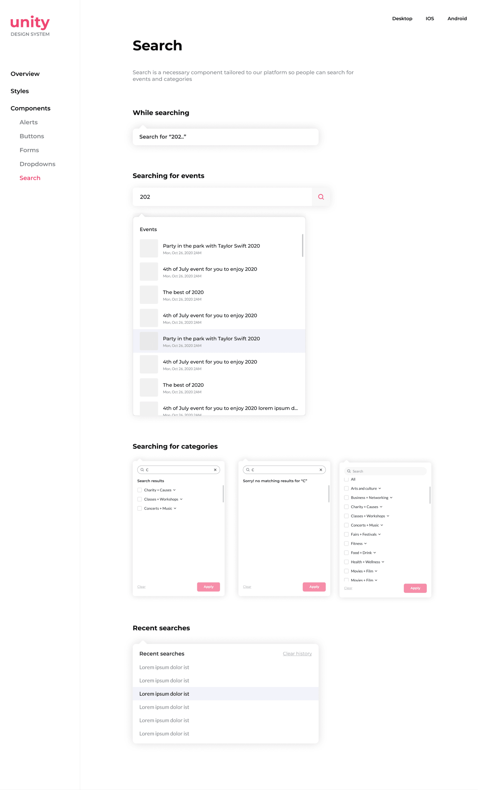 Search section - Unity design system