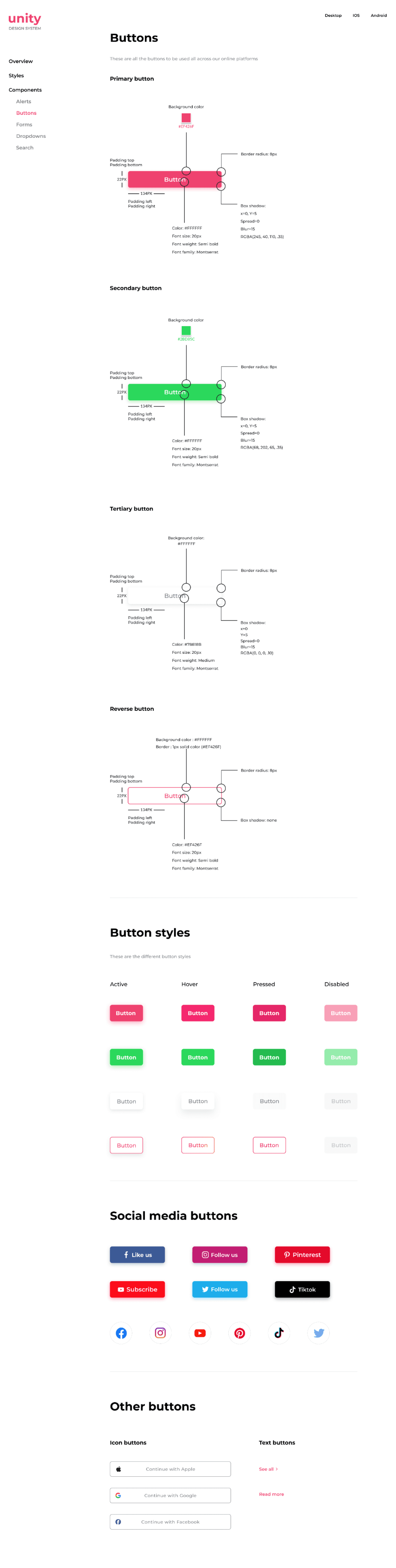 Buttons section - Unity design system