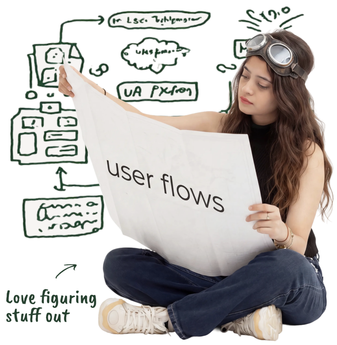 Fatima wearing aviator goggles, reading a large sheet labelled user flows, surrounded by hand-drawn flow diagrams, with the note: Love figuring stuff out