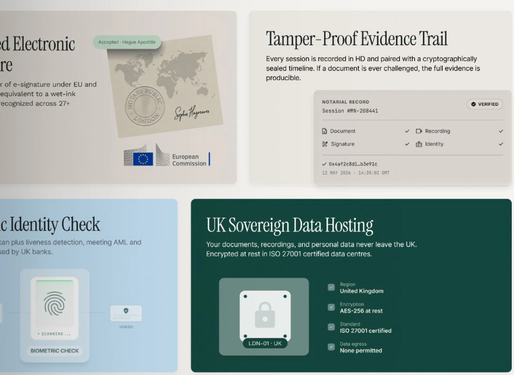 Feature grid: qualified electronic signature, tamper-proof evidence trail, biometric identity check and UK sovereign data hosting