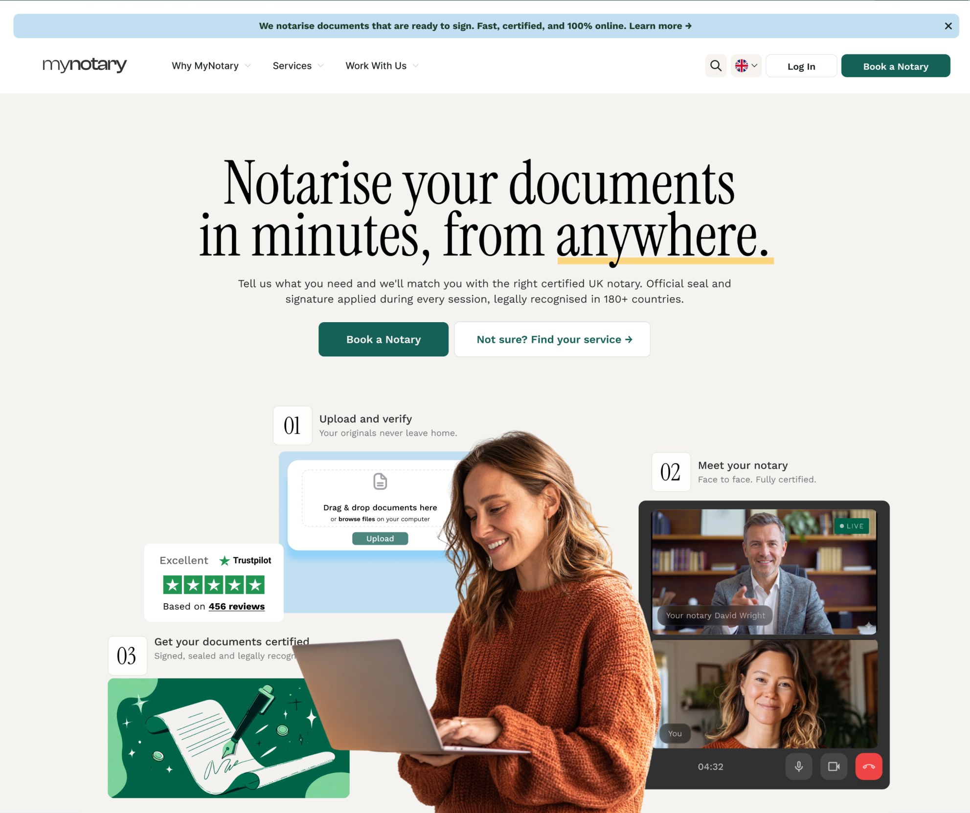 MyNotary hero: Notarise your documents in minutes, from anywhere, with three illustrated steps and a live video call with a notary