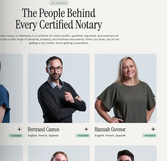 Notary profiles with photos, names, languages and availability
