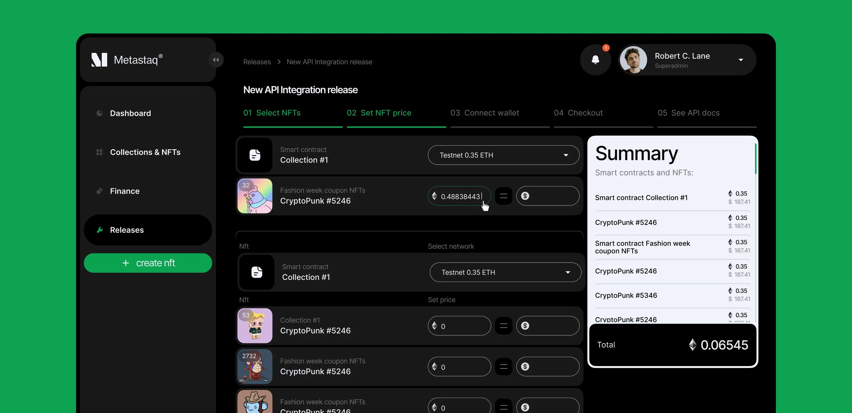 Release flow: select NFTs, set price, connect wallet, checkout and API docs, with a price summary