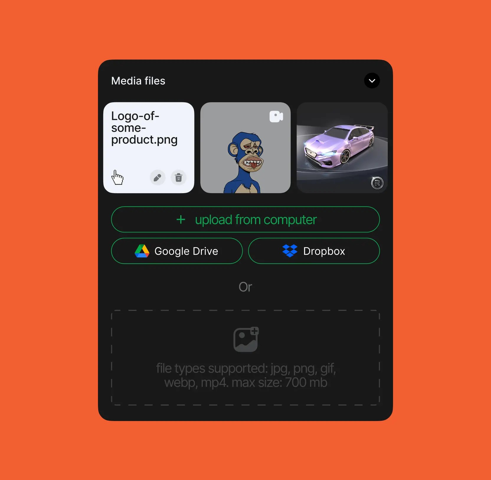 Media files uploader with computer, Google Drive and Dropbox options