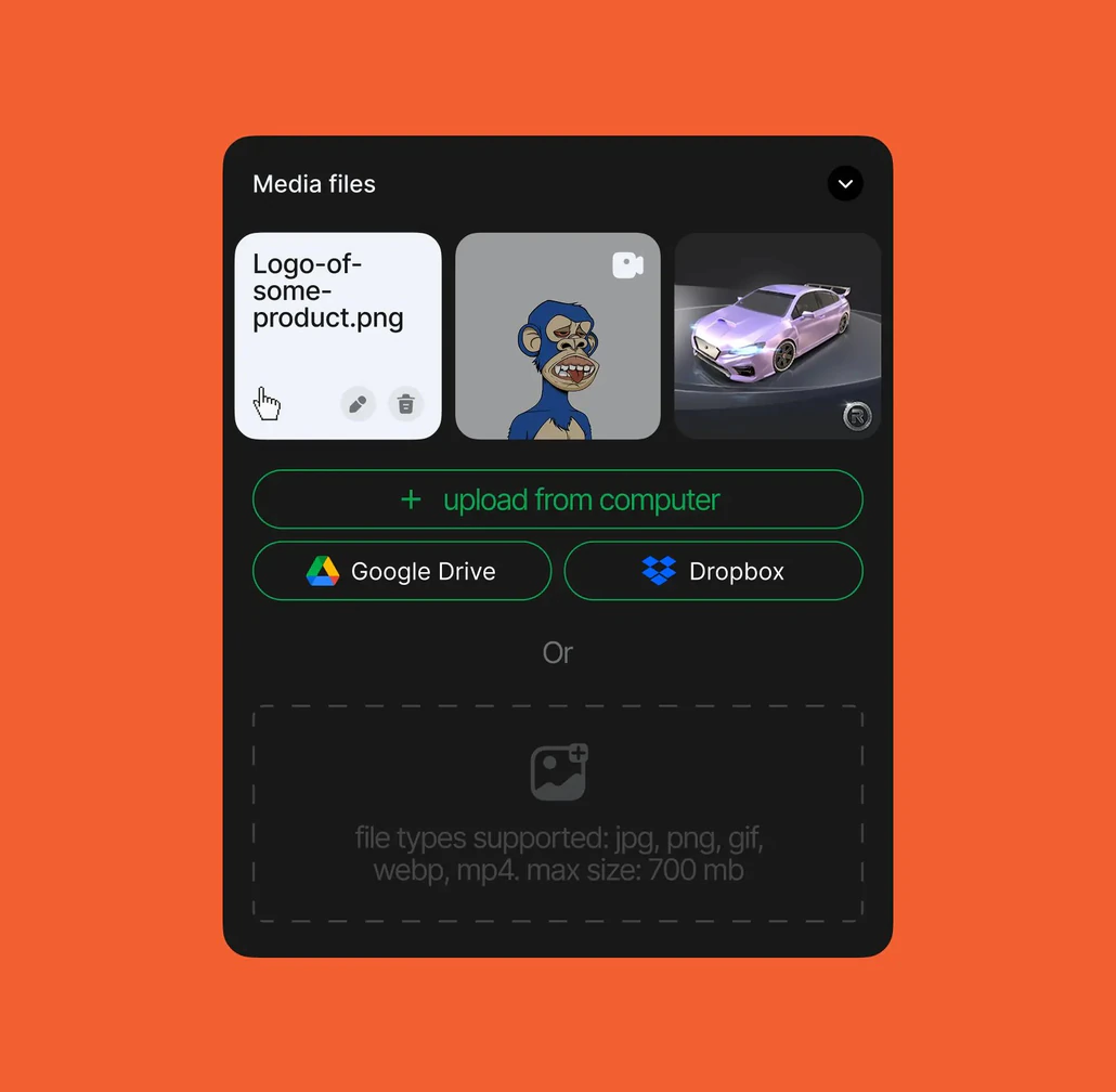 Media files uploader with computer, Google Drive and Dropbox options
