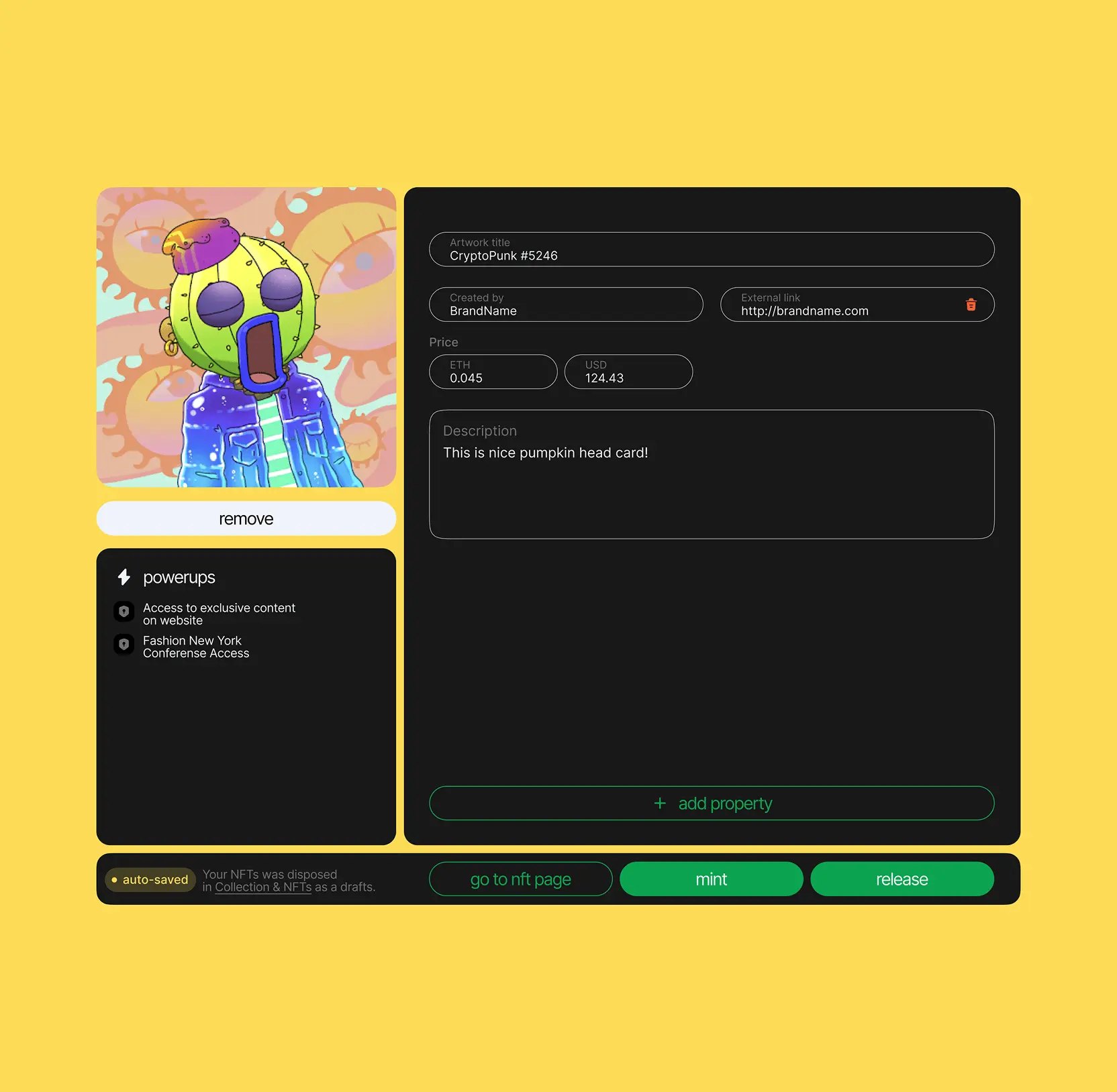 NFT editor with title, creator, ETH and USD price, description, powerups, and mint and release buttons