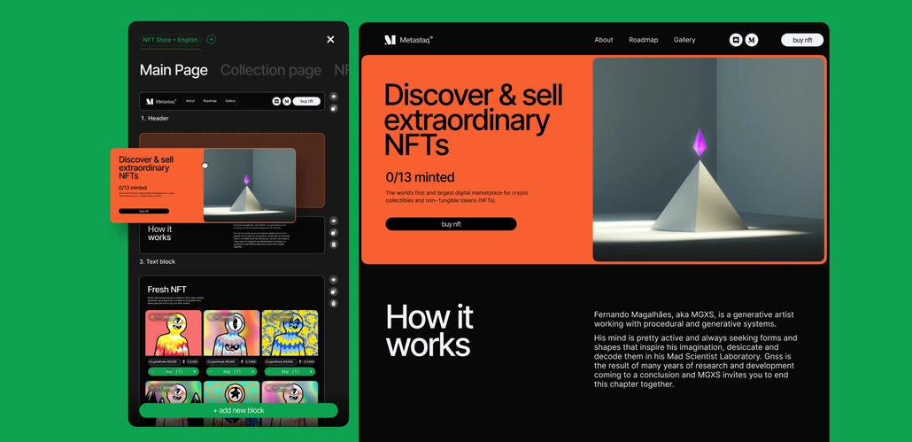 Page builder: blocks on the left being dragged, live orange hero preview on the right