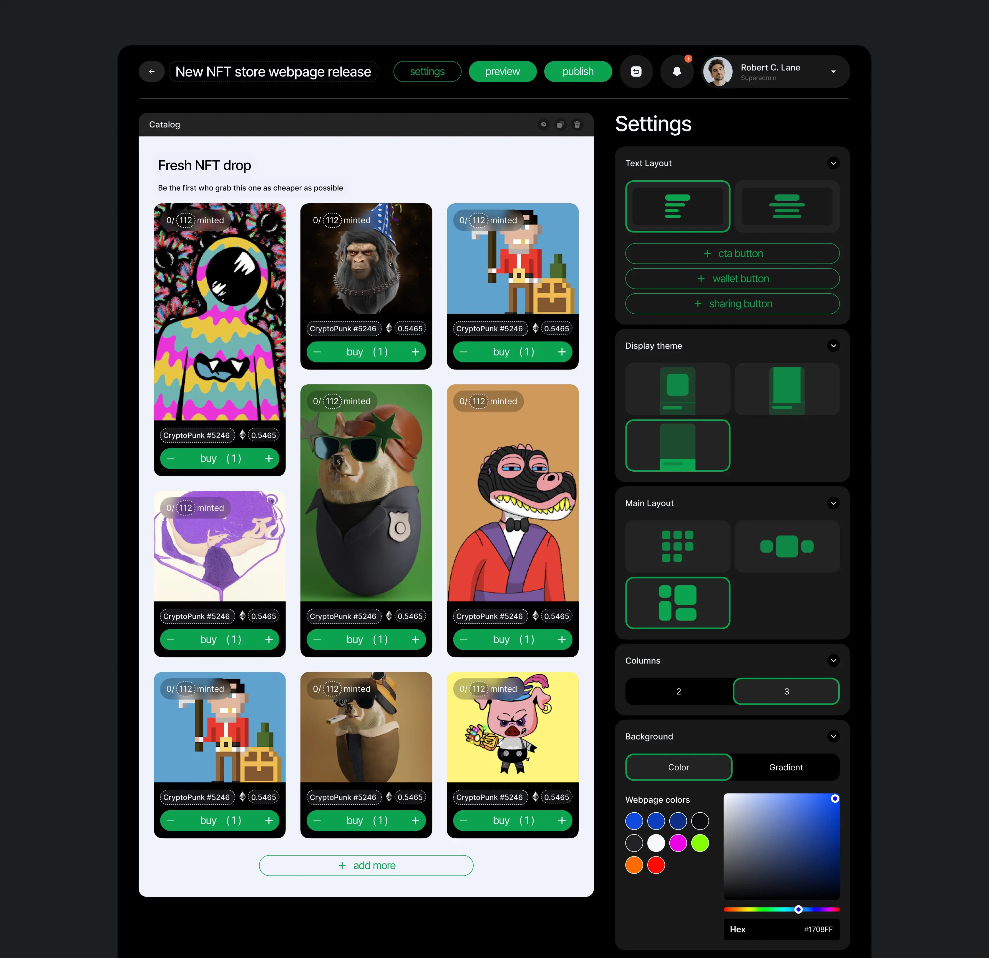 NFT store catalogue with settings for text layout, theme, main layout, columns and background colour