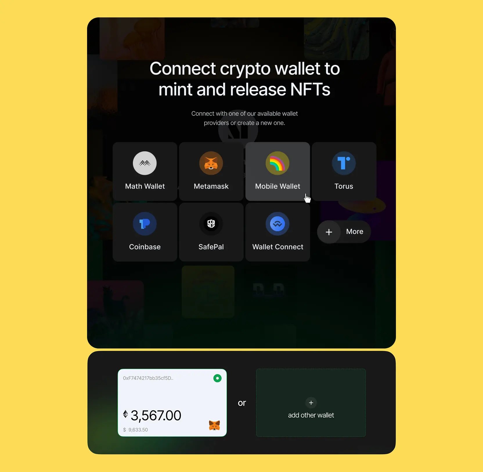 Connect crypto wallet screen with Metamask, Coinbase, Wallet Connect and other providers