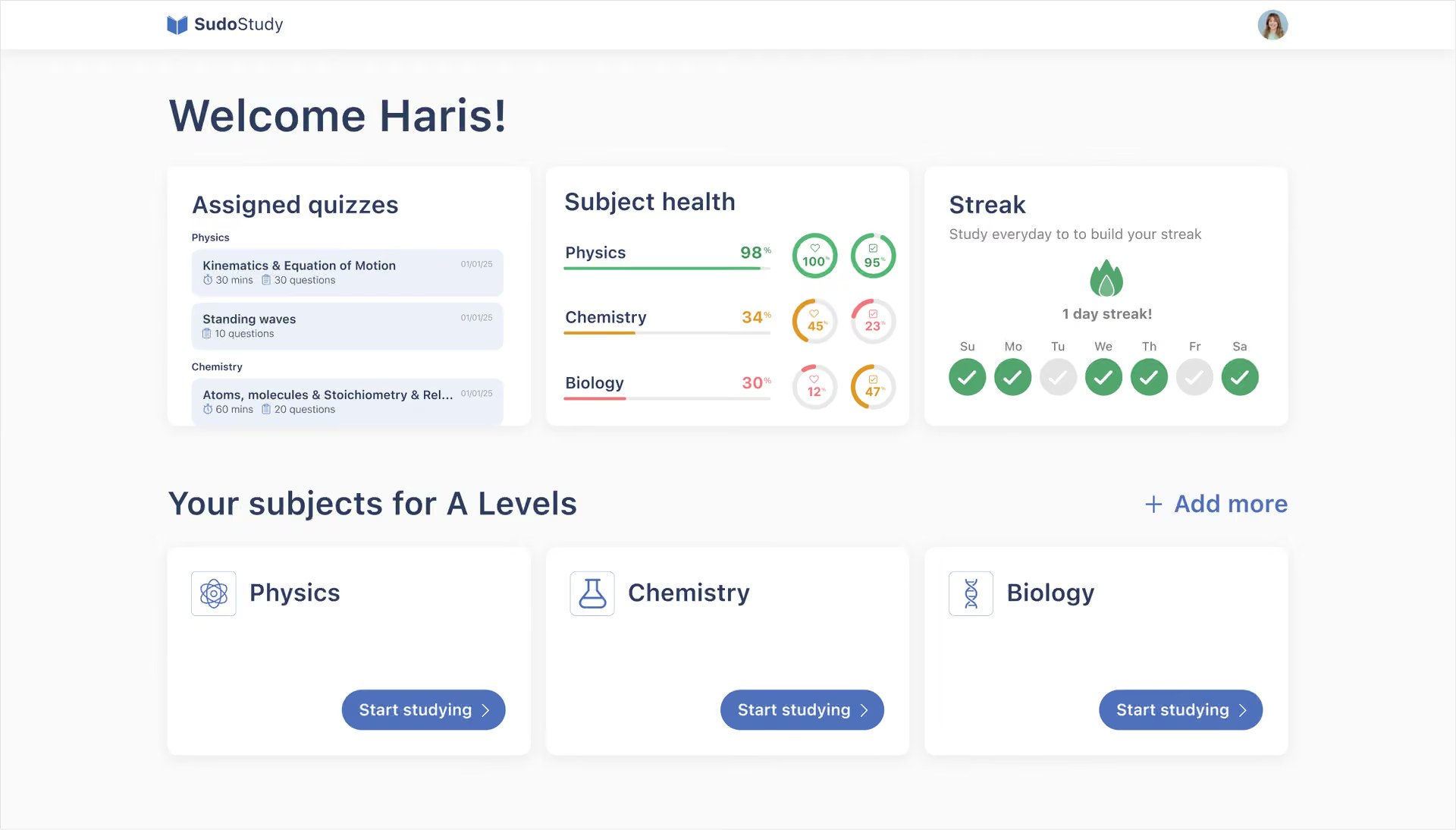 Redesigned dashboard: assigned quizzes, subject health scores and a weekly streak, above subject cards with Start studying buttons