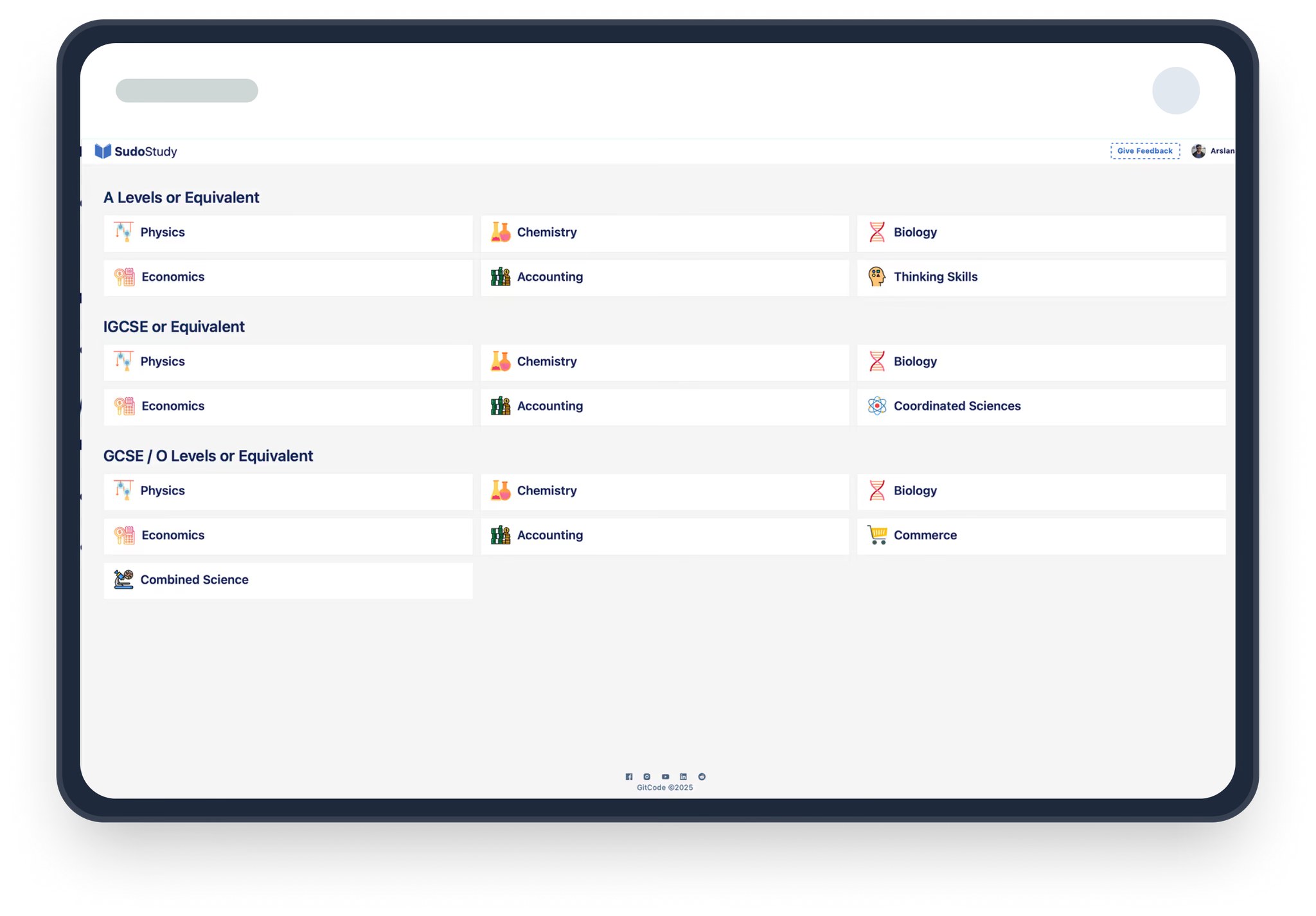 The original SudoStudy dashboard: a long grid of subjects grouped by A Level, IGCSE and GCSE, with no clear starting point