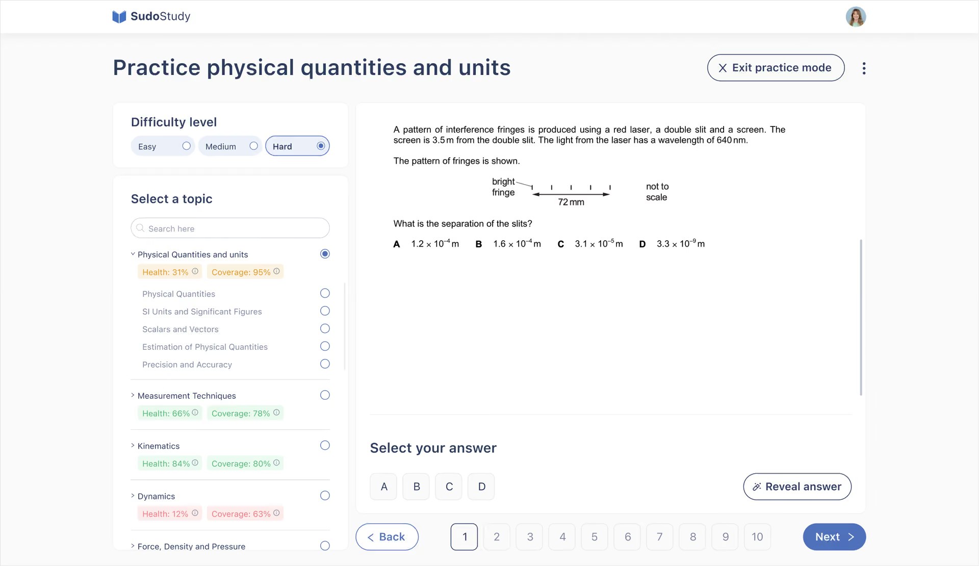 Redesigned practice screen: difficulty level, topics with Health and Coverage scores, one question at a time with numbered Back and Next navigation