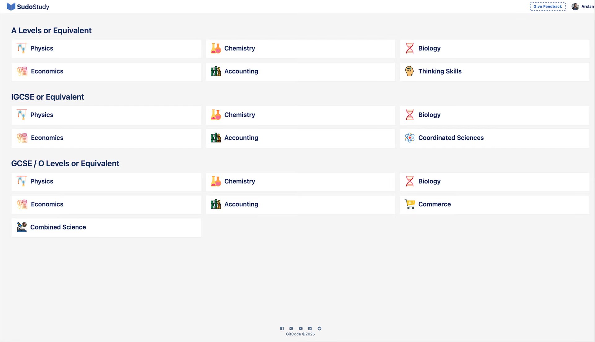 Earlier entry point: a long grid of every subject by exam level, before any practice could start