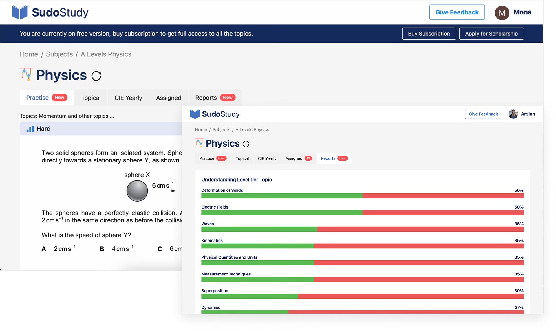Old Physics pages: separate Practise, Topical, CIE Yearly, Assigned and Reports tabs, with red-green bars per topic