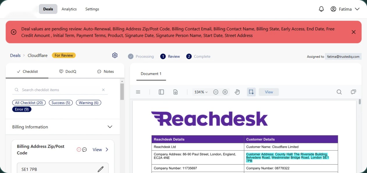 Legacy deal review: a red banner listing 20+ pending fields above a checklist and a separate PDF viewer