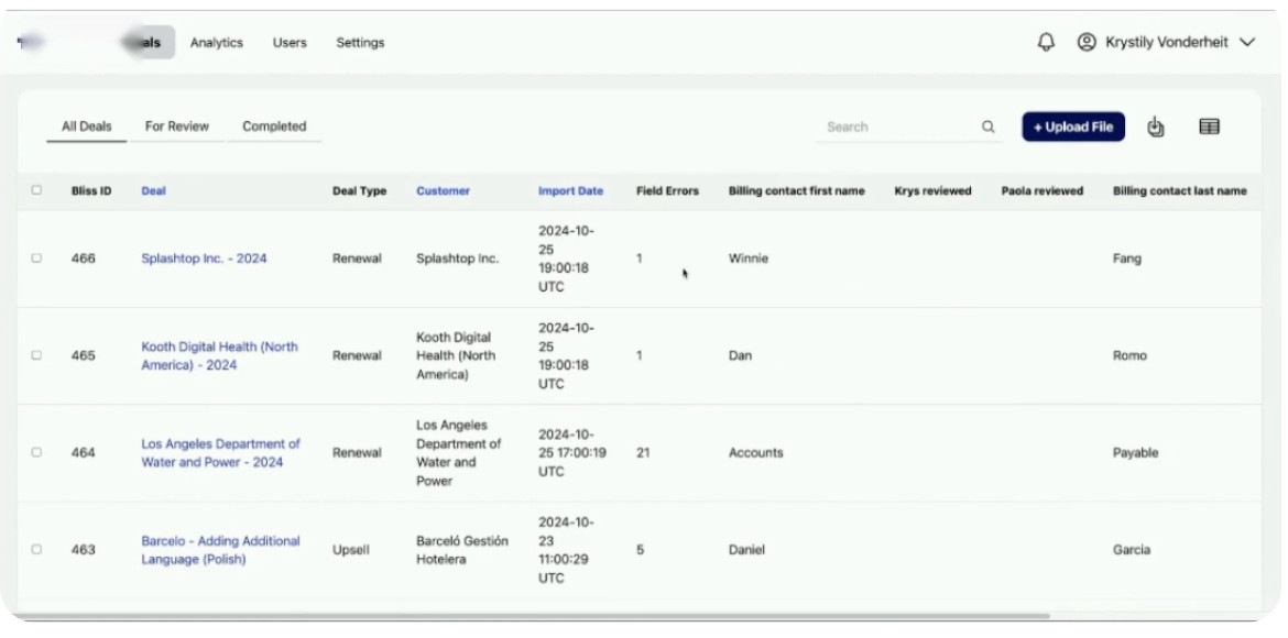 Legacy deal list: a dense table of deals, import dates and billing contact names