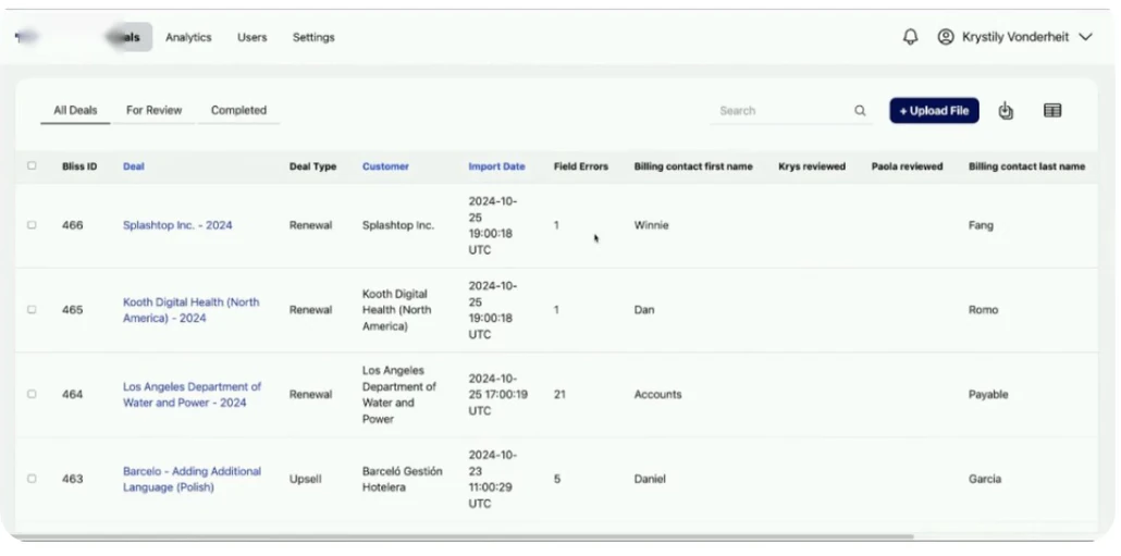 Legacy deal list: a dense table of deals, import dates and billing contact names