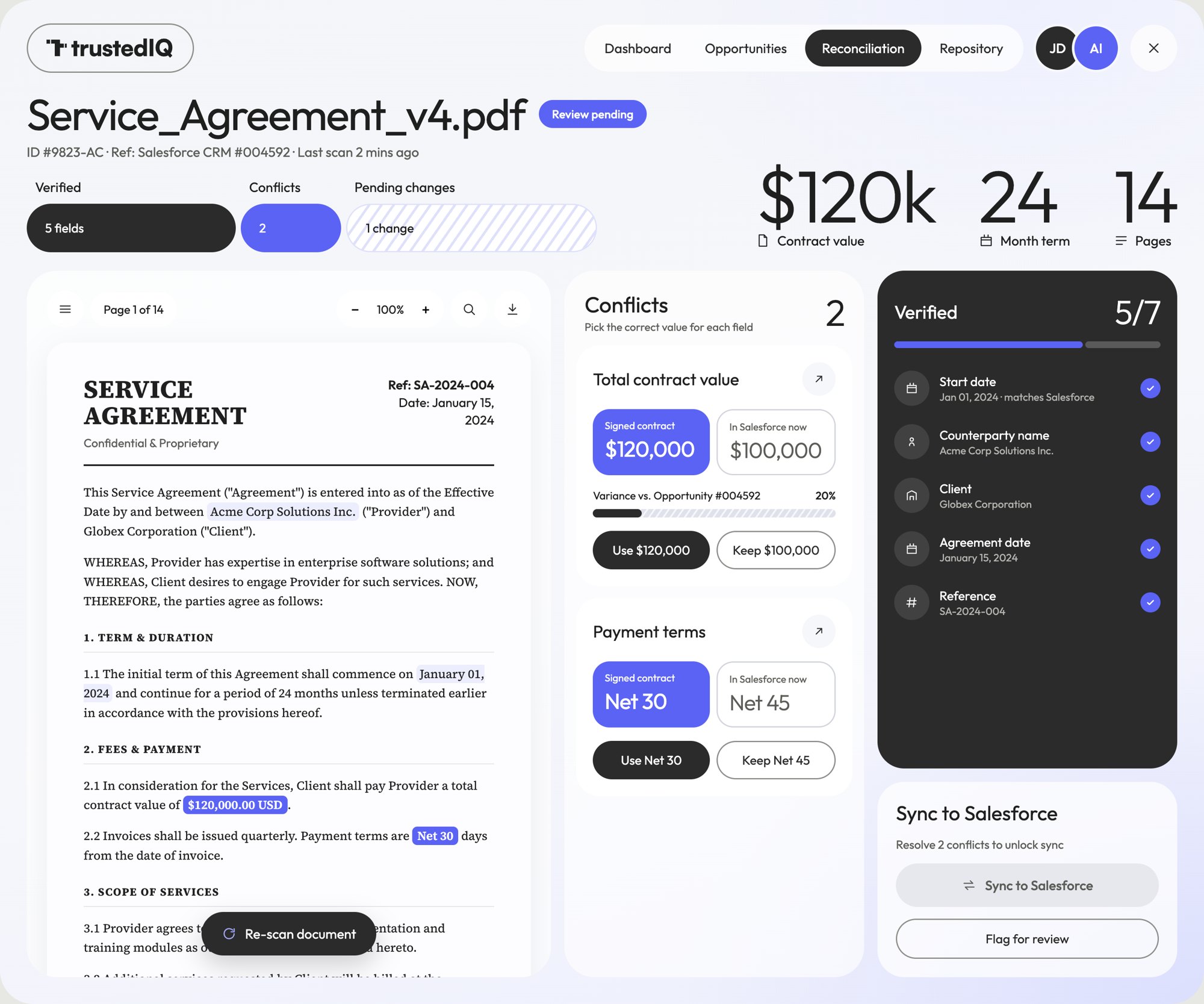 First split-view iteration: contract, conflict cards and a verified-fields panel