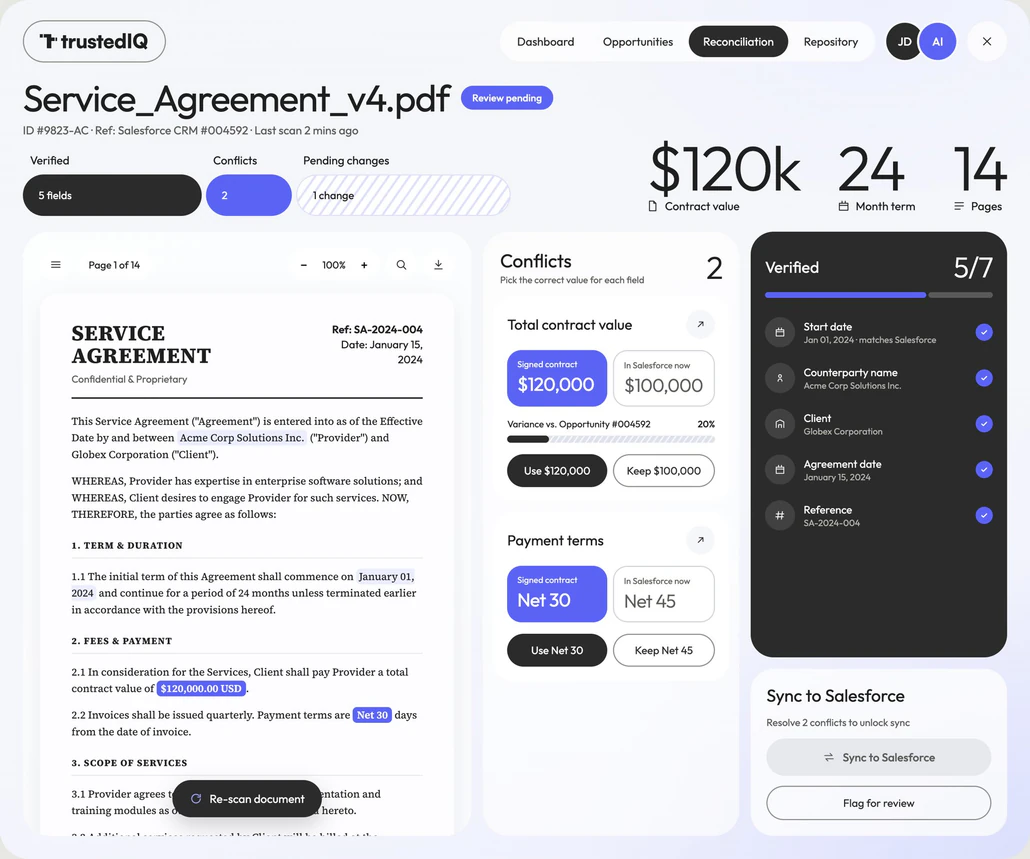 First split-view iteration: contract, conflict cards and a verified-fields panel