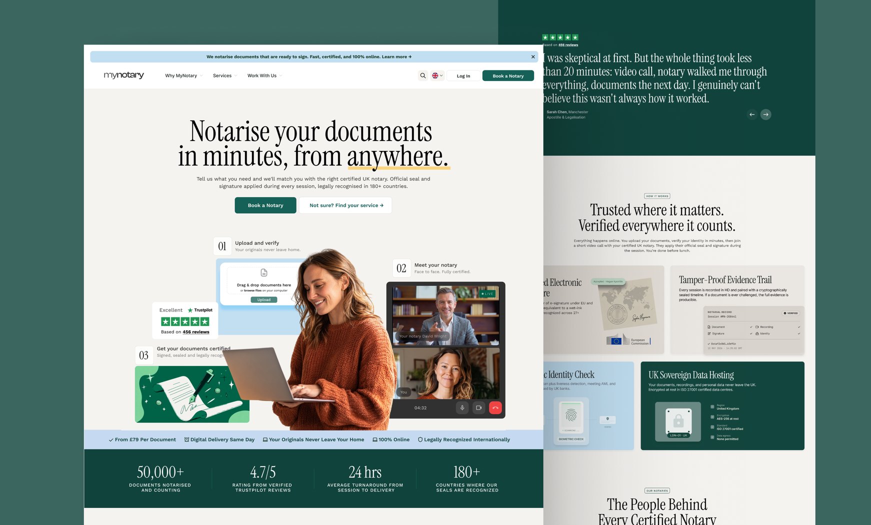 A laptop on a green sofa showing the MyNotary website