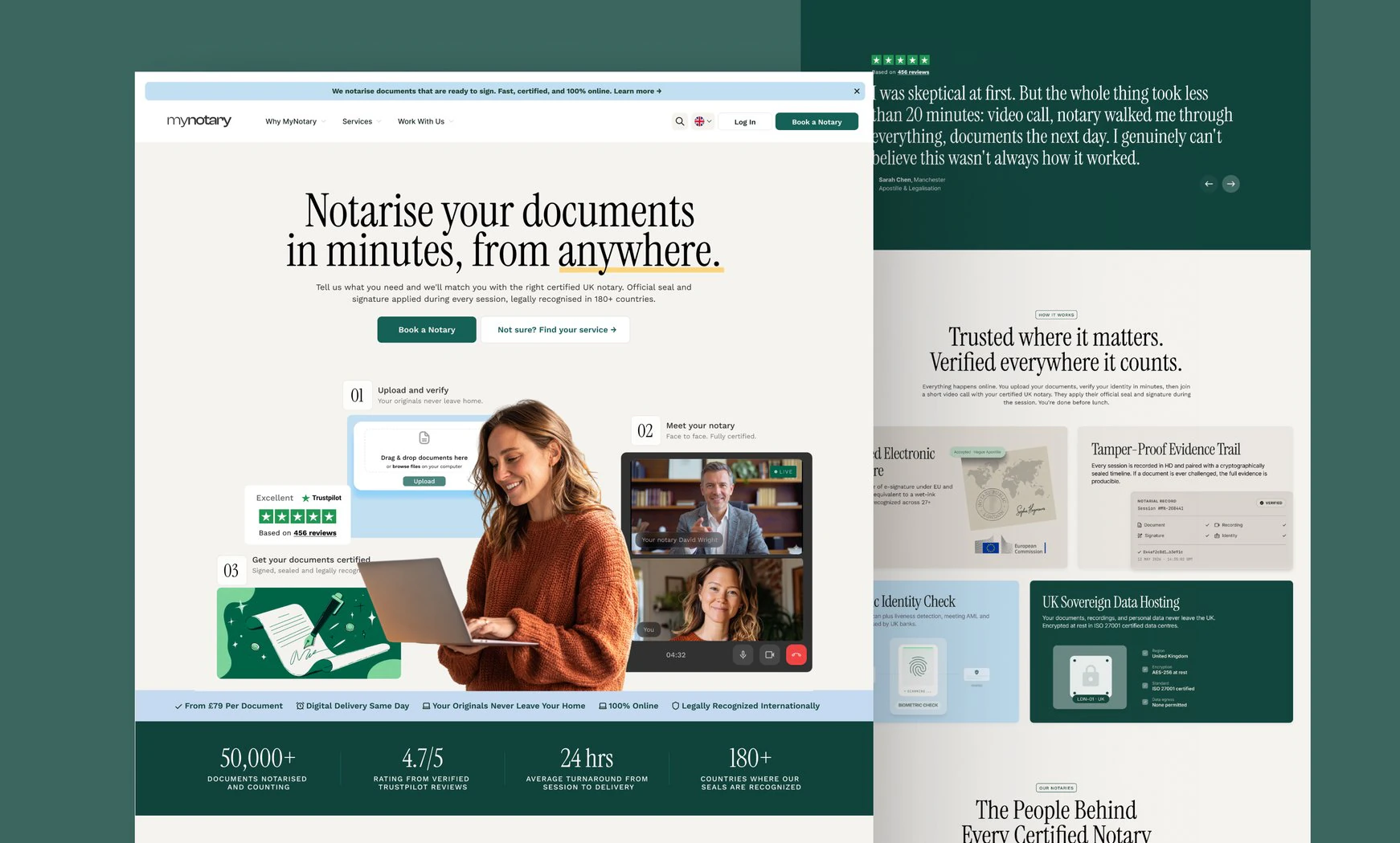 A laptop on a green sofa showing the MyNotary website